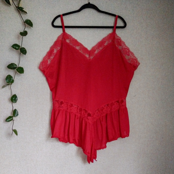 Vintage Other - Vintage Sexy Satin Red Lace Cutout Skirted Hem Lingerie Slip Romper Size 52 3X